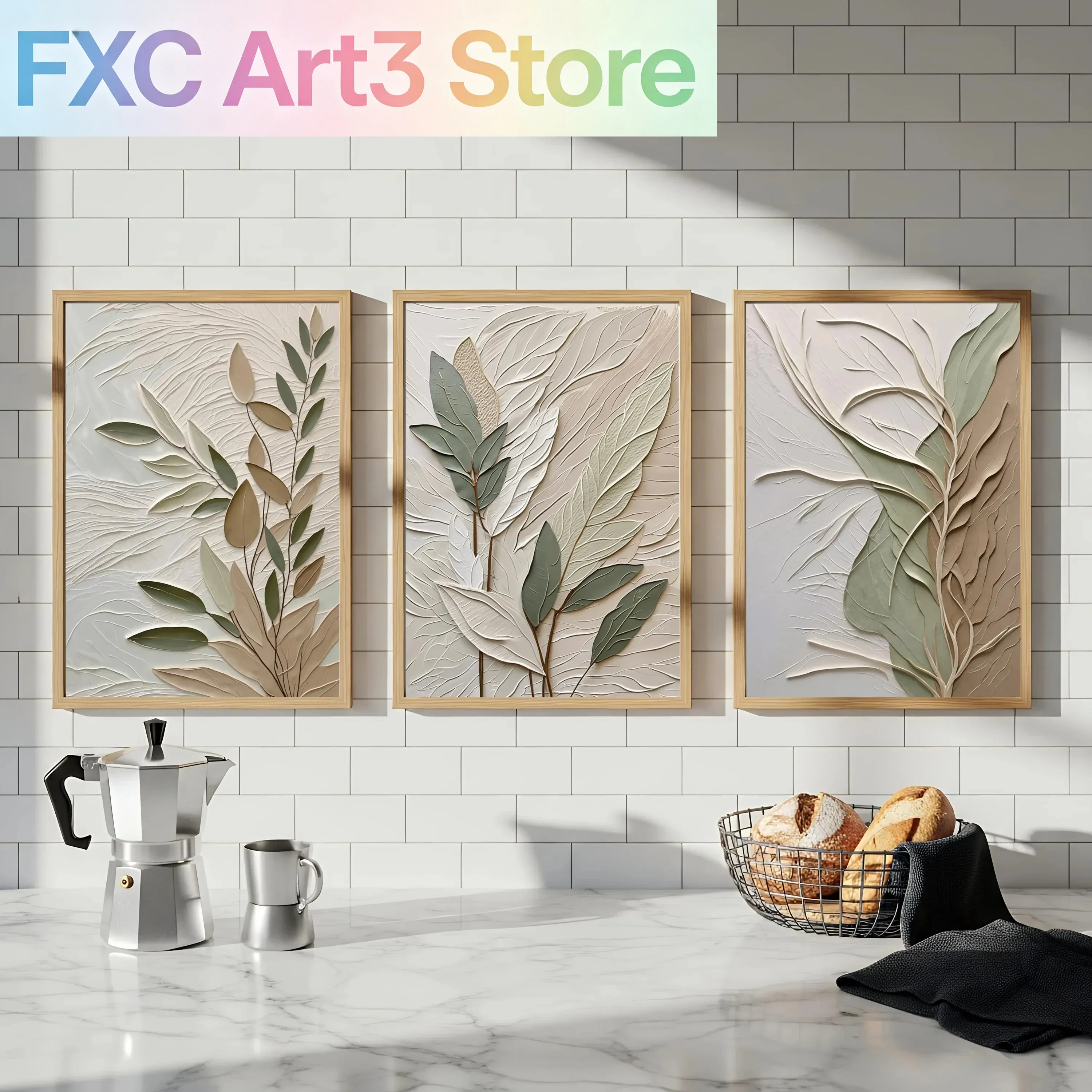 Frameless,3pcs Textured Leaf Art Poster Neutral Tone Canvas Printing for Modern Home Decoration, Elegant Wall Arts Thoughtful Gi