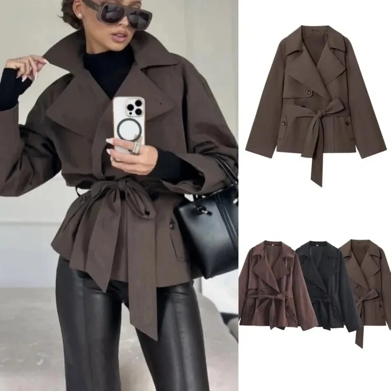 V-Ausschnitt Gürtel-Trenchcoat für Damen mit Schnürung, langen Ärmeln und Knöpfen, kurzer, dünner Windbreaker, 2026 Damenmode, neue tägliche Streetwear-Oberbekleidung