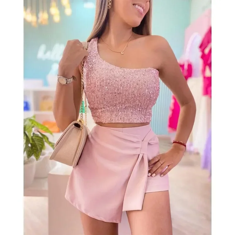 

2024 Summer New Women's Solid Color Sexy Fashion Sequined One-Shoulder Sleeveless Culottes Two-Piece Suit