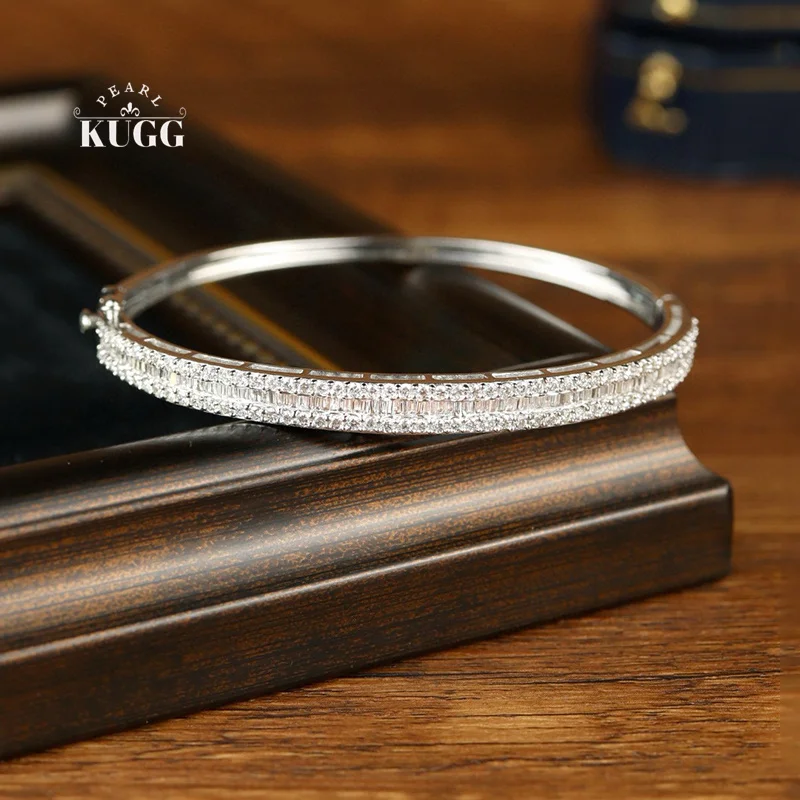 KUGG 100% 18K White Gold Bangle Luxury 2.0carat Real Natural Diamond Bangle for Women Elegant Shiny Design High Party Jewelry