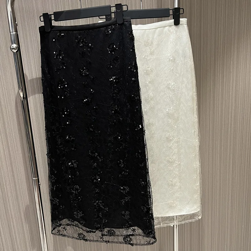 Women's Fashion Mesh Sequins Embroidery Skirt Elegant High Waist Hip-wrapped Pencil Skirts High End Clothing Summer Streetwear