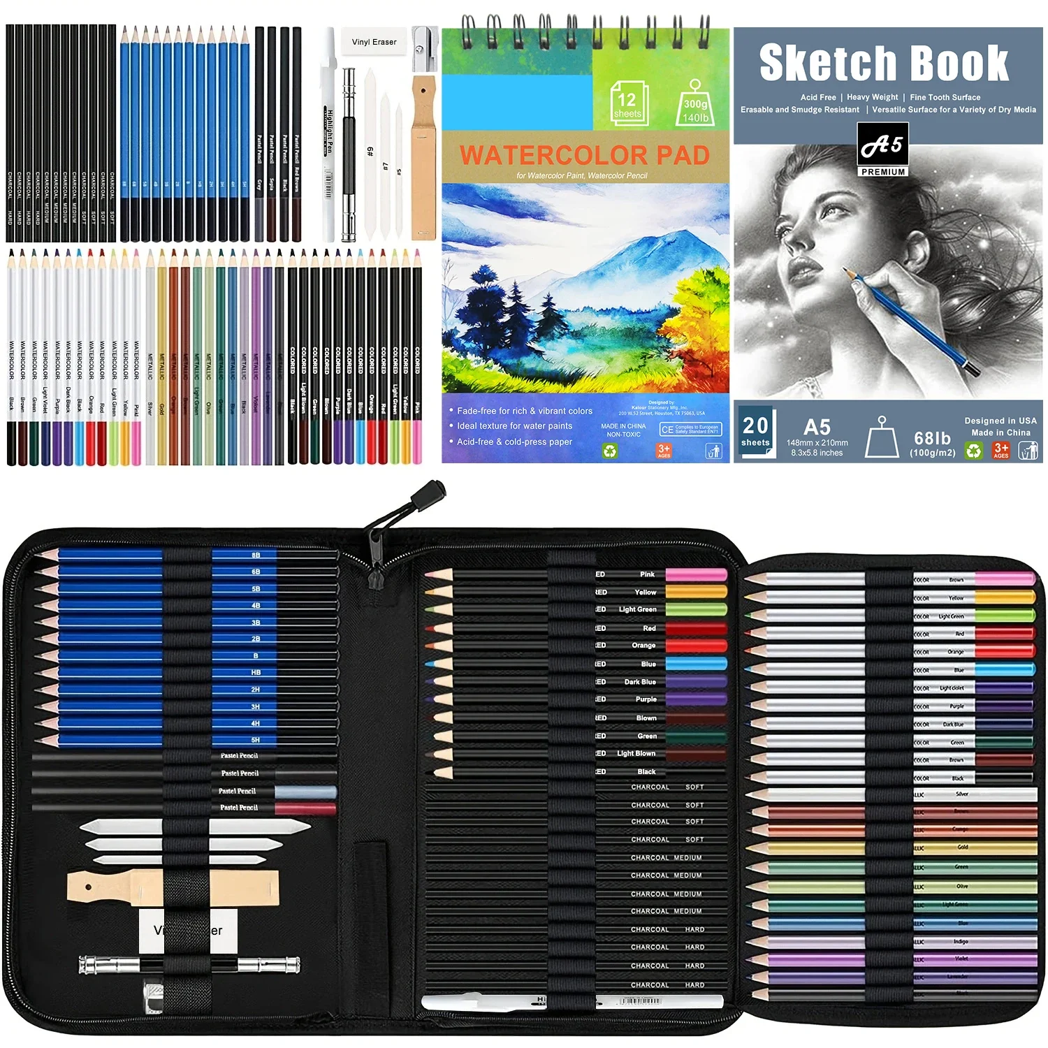 

Набор для рисования Набор для рисования, 76 упаковок карандашей для рисования, принадлежности для рисования включает акварельный блокнот, акварель, металлик, цвет