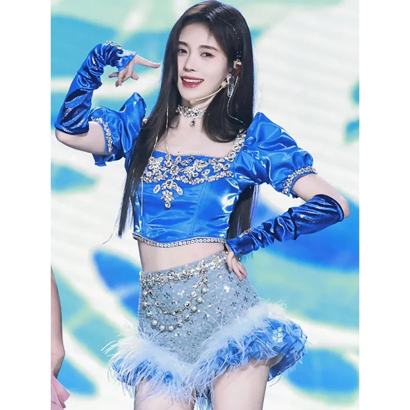 Singer Stage Costume Kpop Outfits Crystal Blue Bubble Sleeves Tops Feather Skirt Women Dj Clothing Jazz Clothes