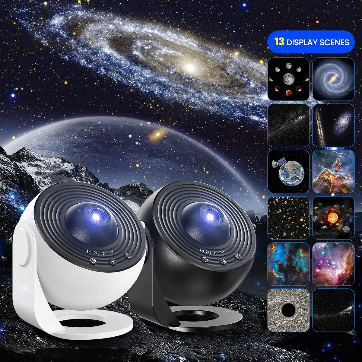 Projecteur HD Galaxy pour chambre à coucher, projecteur planétarium à 13 disques de films pour enfants, 360 °   Minuterie rotative 1/2h Commande simple à 3 boutons