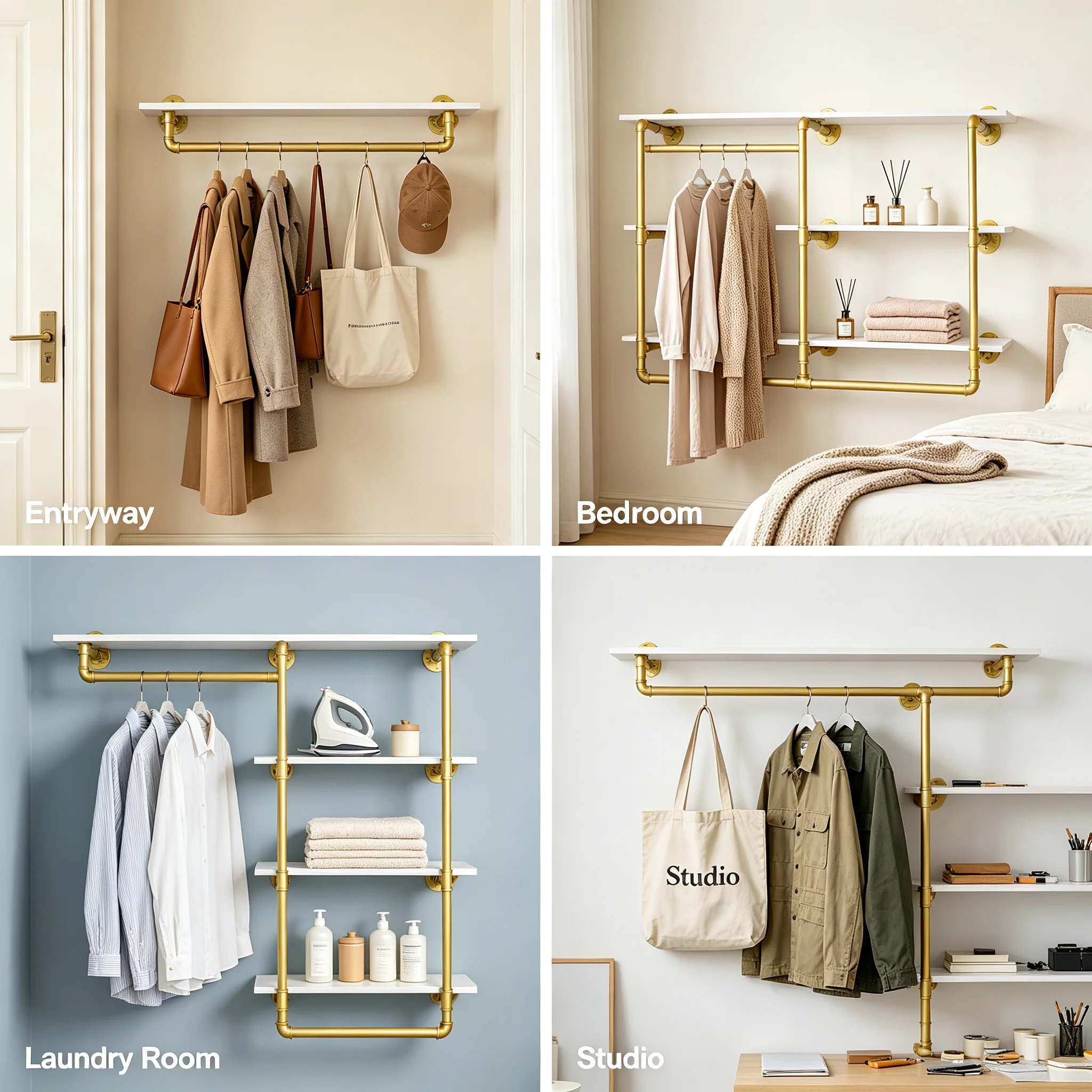 Wall Mounted Clothing Rack with Shelves, Industrial Pipe Style 3-Tier Storage Shelf for Entryway Bedroom Laundry, 100 lbs Capacity, White & Gold