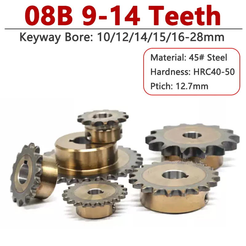 

1pcs 08B Chain Gear 9 10 11 12 13 14 Teeth 45# Steel Precision Industrial Drive Sprocket Wheel Keyway Bore 10-28mm Pitch 12.7mm