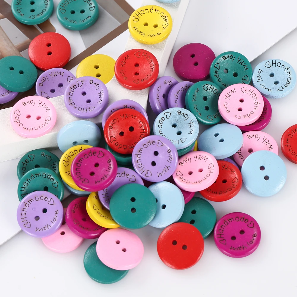 50Pcs/lot Wood Buttons Random Mixing Arts Crafts Round Button Handmade with Love DIY Accessories Gift