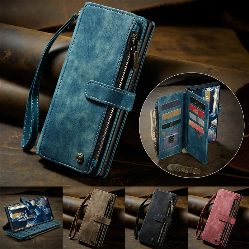 EUCAGR Luxury Strap Zipper Wallet Leather Case for Samsung Galaxy Note 20 S23 S22 S21 S20 Plus Ultra FE Wrist Strap Holder Cover