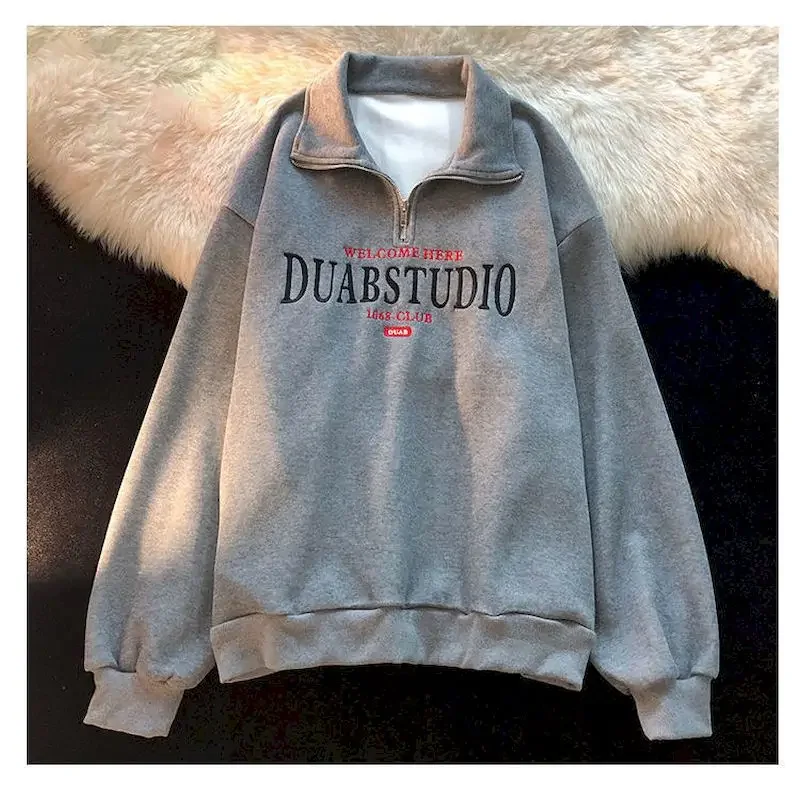 Womens Sweatshirt Retro Embroidery Letters Polo Stand-up Collar Pullover Women Autumn Loose High Street Niche Half Zipper Tops