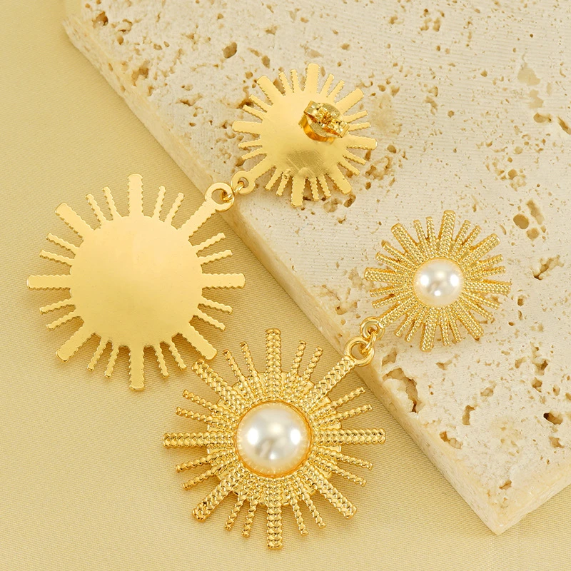 أقراط مرصعة بزهرة عباد الشمس 316L من الفولاذ المقاوم للصدأ للنساء ، مجوهرات راقية ، لؤلؤ فريد ، شكل ترس ، فرنسي ، طراز قديم ، موضة جديدة ، #6