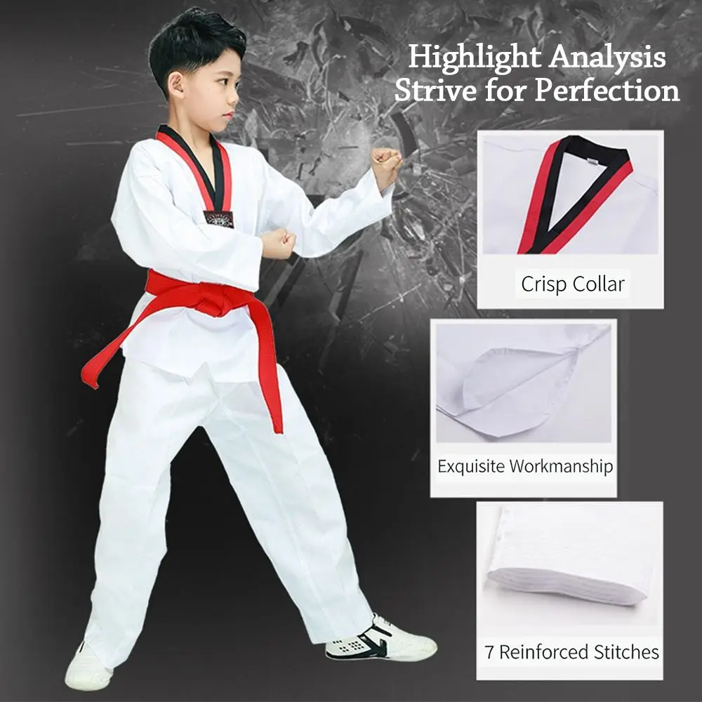 

Fashion White TKD Costumes Long Sleeve Cotton WTF Karate Uniform Professional V-neck Judo Dobok Practice