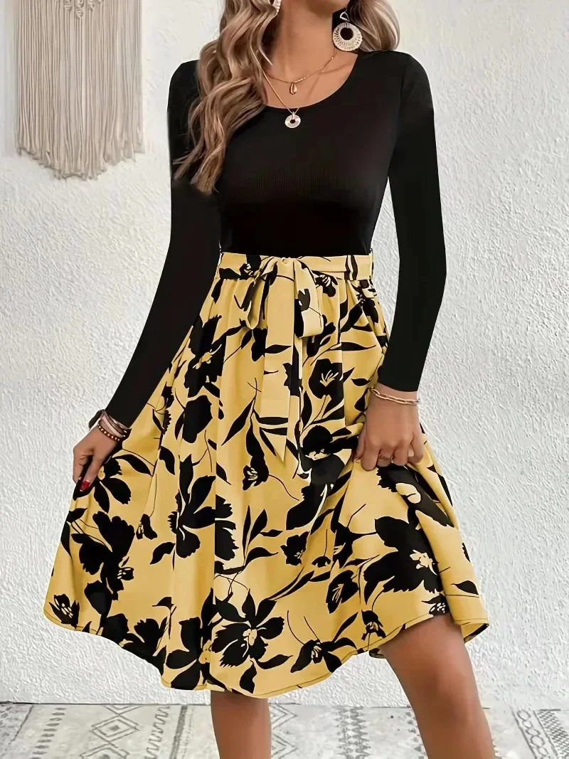 

Spring Autumn Vintage Floral Printed Patchwork Elegant Vestidos Women Long Sleeve Waist Lace Up Robe Femme Casual Korean Dresses