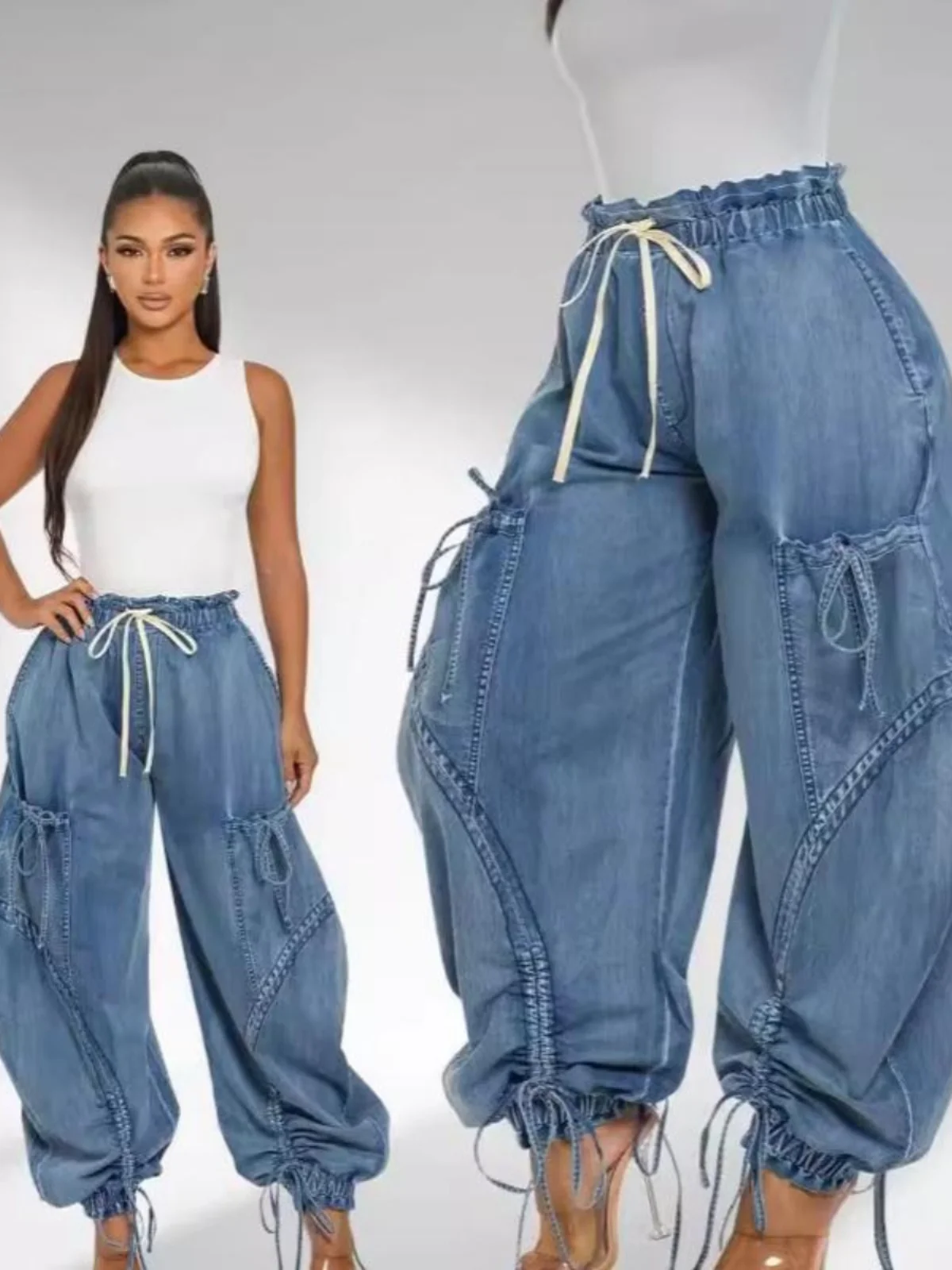 

High Waist Straight Leg Jeans Women's Knot Slimming Denim Pants Long Trousers Blue Color Spring Autumn Season