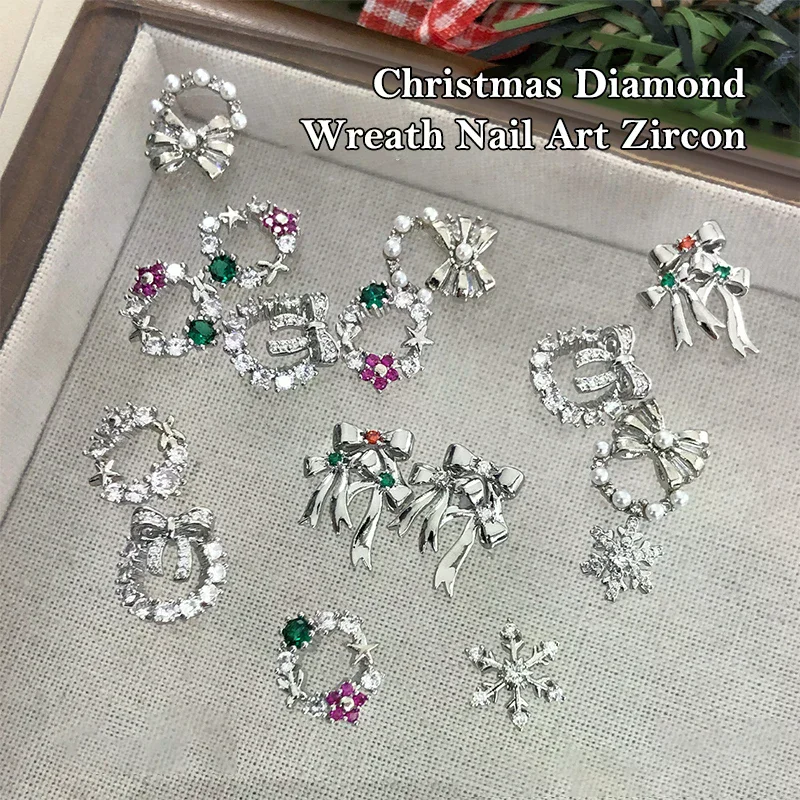 Natal prego zircão encantos luxo floco de neve floral grinalda, arco e sino árvore prego gem ornamento ano novo acessórios da arte do prego