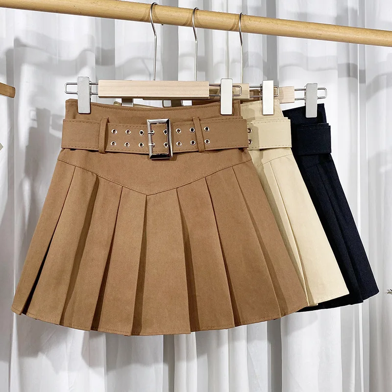 Korean Style Spicy Girl Design Pleated  Skirt Women's Short Skirt with Belt Workwear Style Polyester Fiber Pure Color