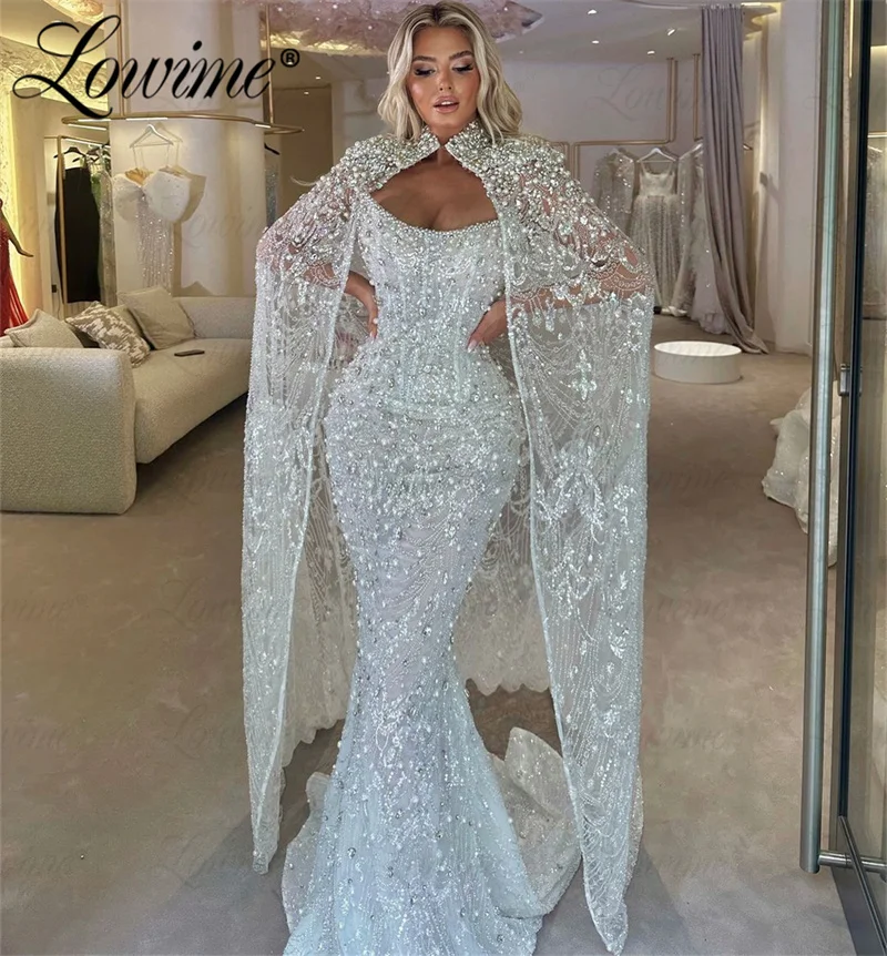 White Cape Sleeves Elegant Evening Dress Dubai Arabic Pearls Crystals Mermaid Prom Dress 2024 Party Celebrity Dresses Customized