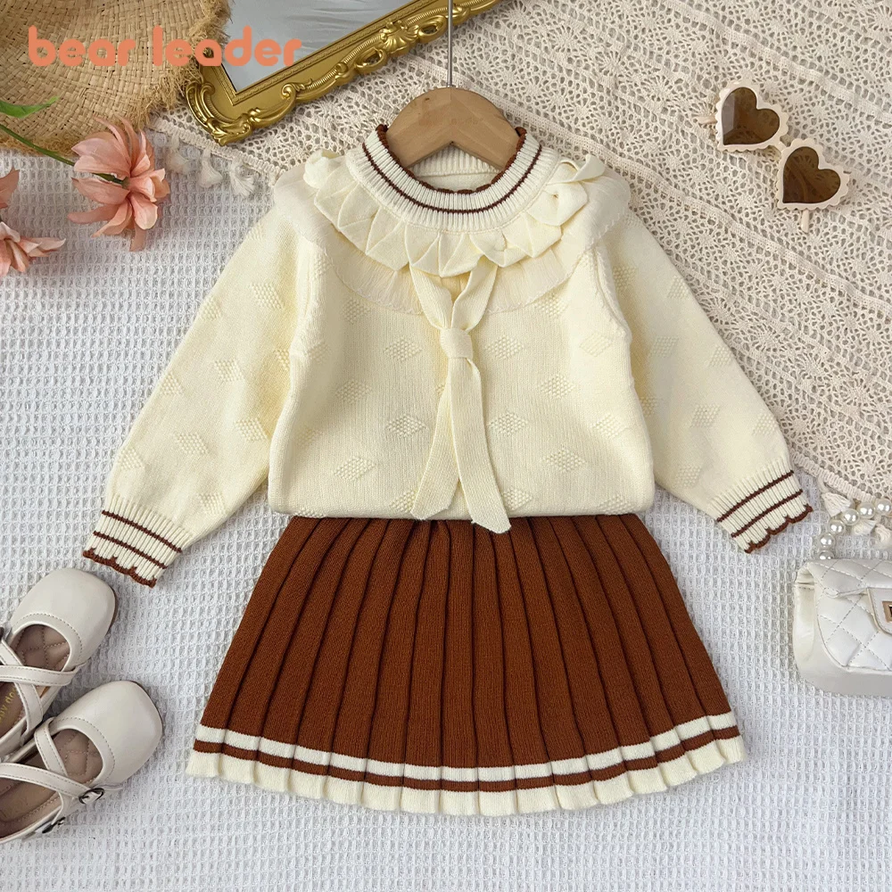 Bear Leader Korean Version Color Blocked Knitted Sweater Kids Clothes Girls Long Sleeved Lace Round Neck Top + Pleated Skirt