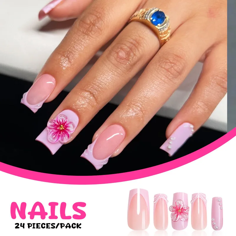 24pcs Korean Pink False Nails French Style 3D Flower Water Ripple Decor Press On Nails Mid-length Coffin Fake Nail Patches