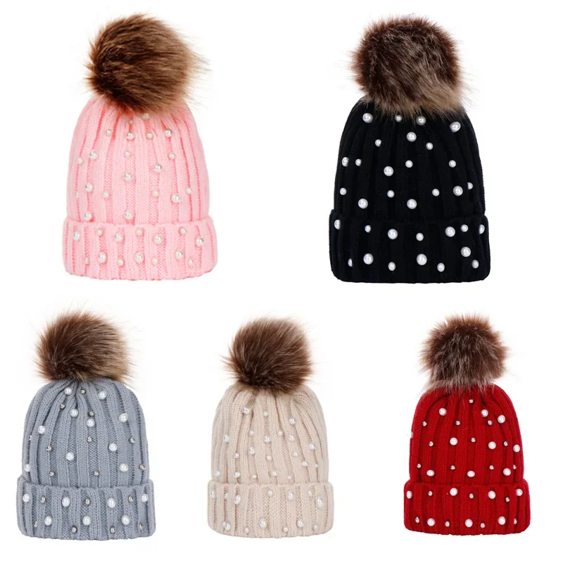 Fashion Winter Children Knitted Beanie Hat With Pearl Warm Pompom Caps For Kids Casual Pom Pom Hats Girls Boys Skullies Beanies