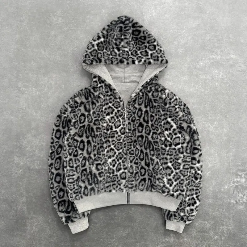 Street Hip-hop Hoodie 2025 Autumn/Winter New Leopard Print Sport Jacket Two-sided Zipper Loose Sweatshirt for Men and Women