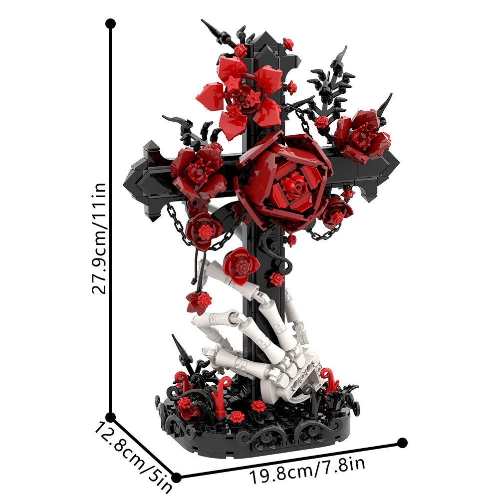 2026 Nieuwe MOC Schedel Rozen Bouquet Steentjes Model Gotische Kraai Schedel Bloemen Decoratie Bouwstenen Gotisch Kruis Assemblage Speelgoed Cadeau