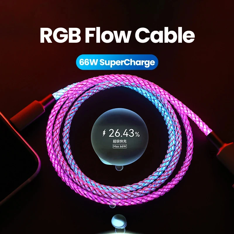 Carregamento Rápido Cabo RGB, Tipo C USB C Dados, Carregamento Rápido para Xiaomi, iPhone, Samsung, Huawei, 100W, 66W, 66W, 30W