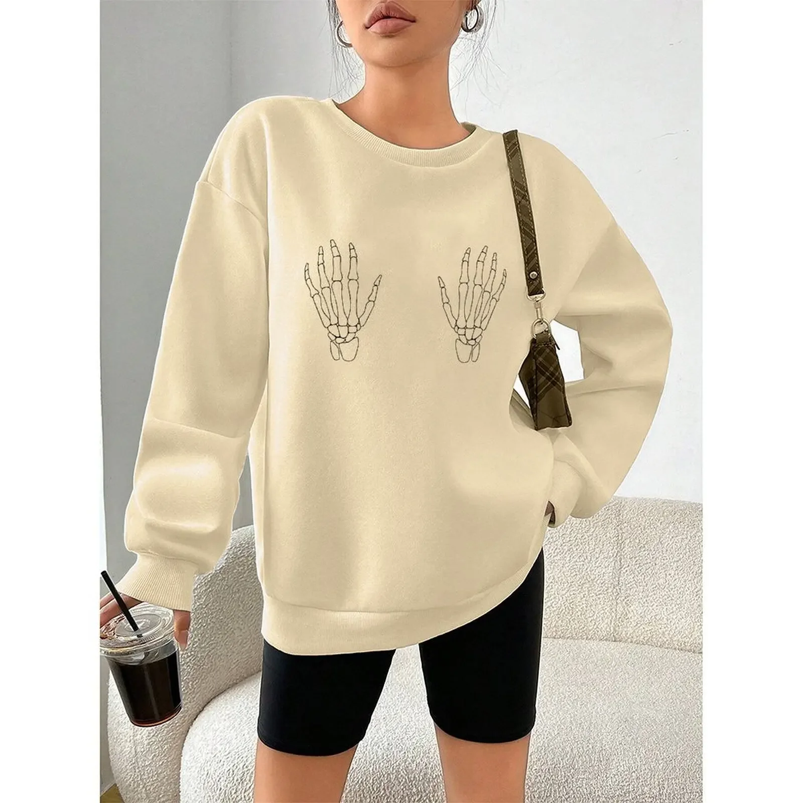 

Women’s Autumn Winter Velvet Sweatshirt Long Sleeve Round Neck Pullover With Humorous Skeleton Design Casual Loose Fit Warm Tops