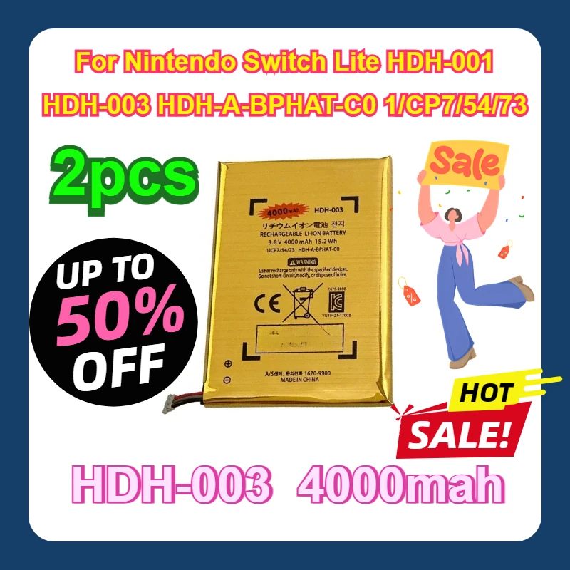 

For Nintendo Switch Lite HDH-001 HDH-003 HDH-A-BPHAT-C0 1/CP7/54/73 2Pcs 4000mah HDH-003 HDH 003 Li-ion Battery