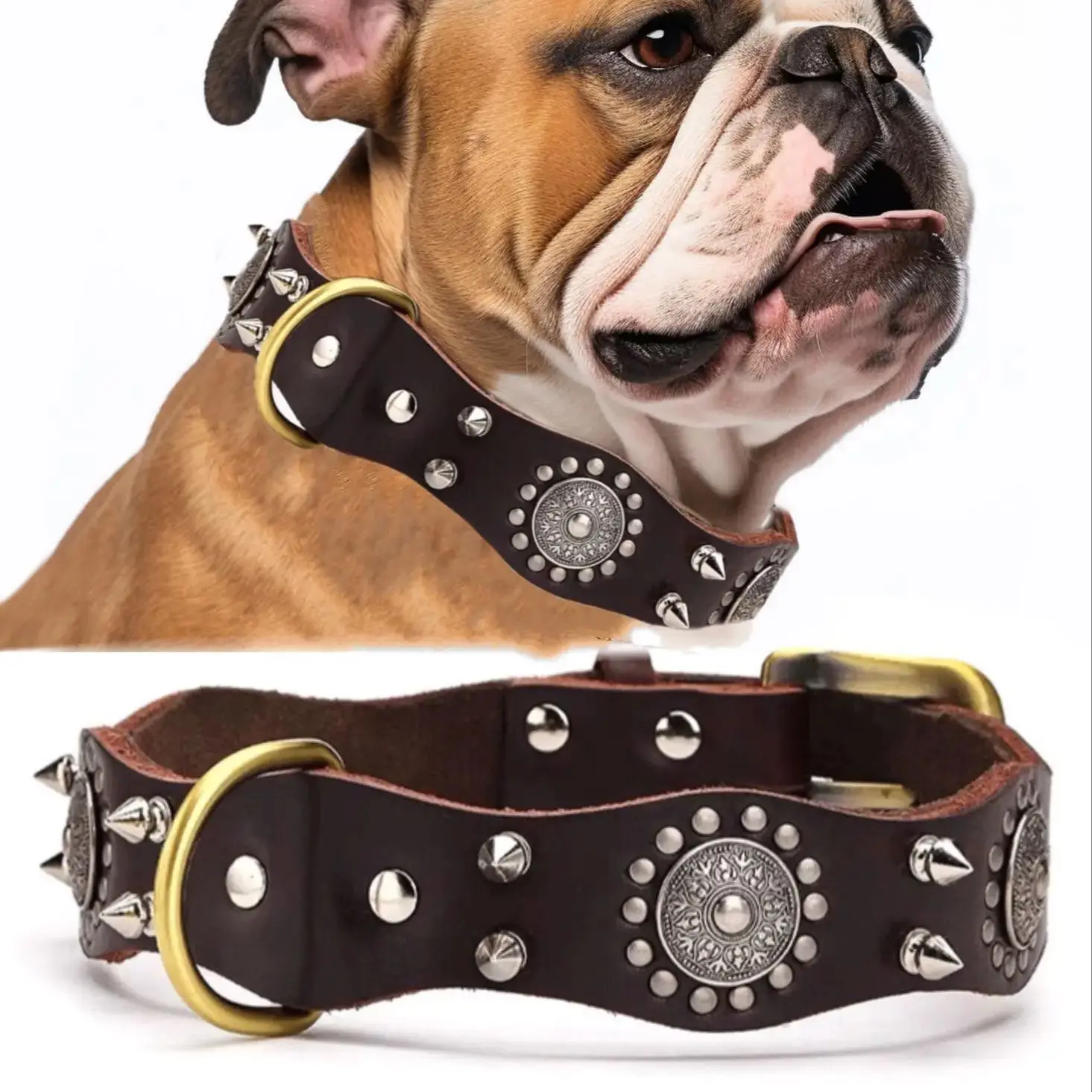 

Cowhide Rivet Dog Collar Medium and Large Dog Anti-Bite Training Genuine Leather Dog Collar