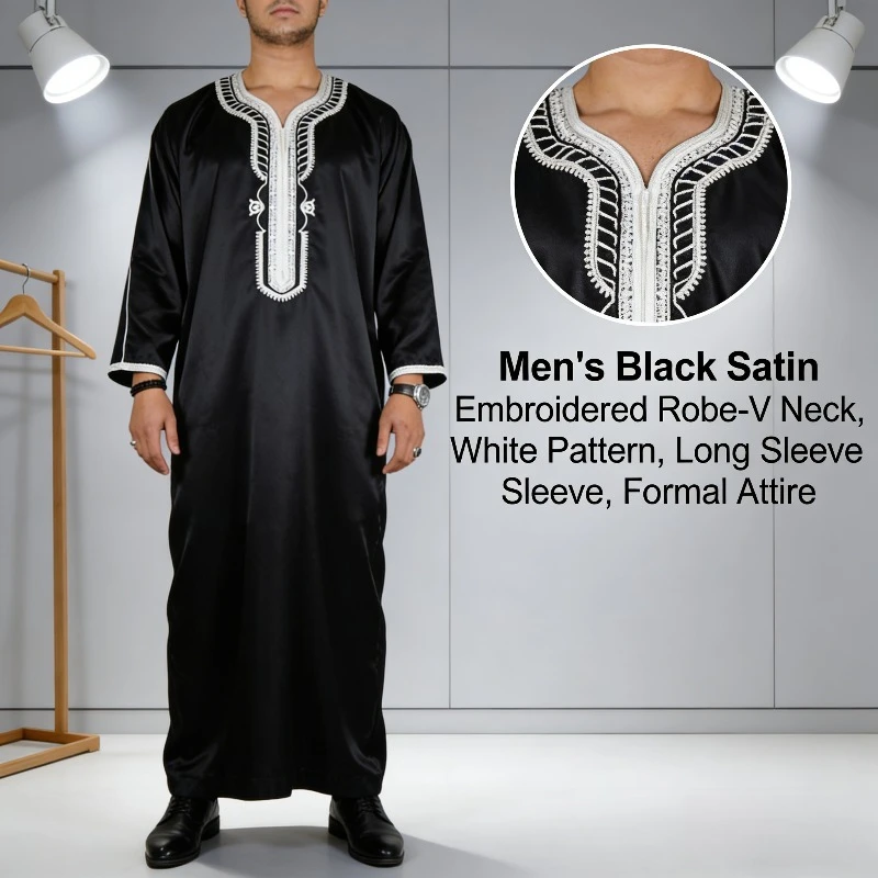 

2026 Men's Long Shirt Casual Youth Plain Black Muslim Robe
