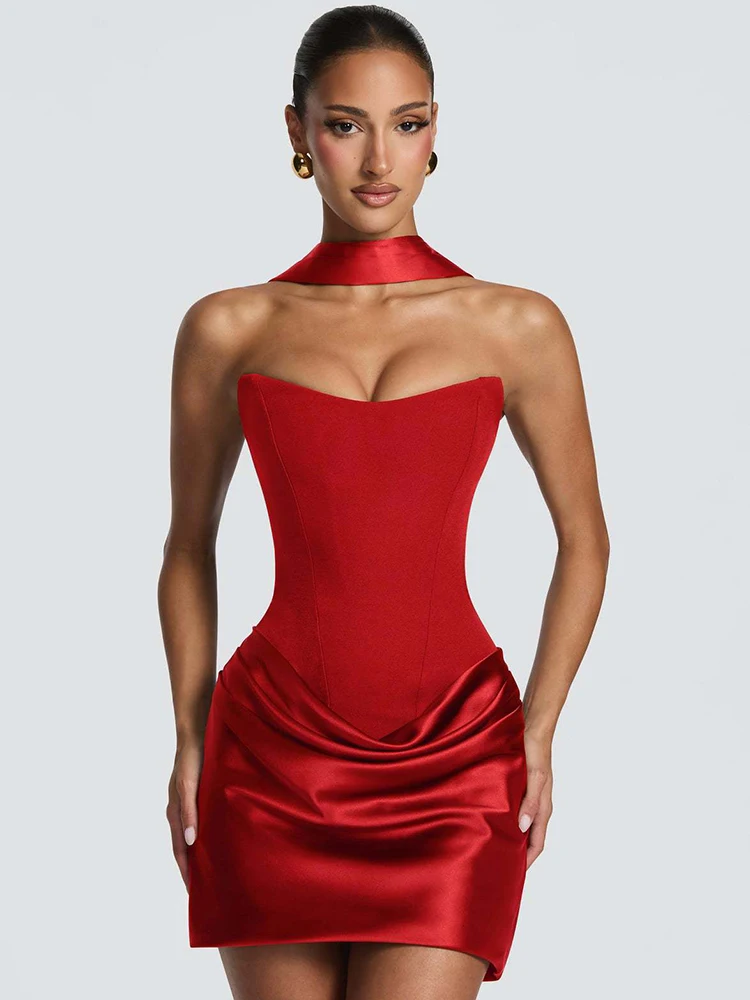Mozision Satin Trägerloses Rückenfreies Sexy Minikleid Damen Elegantes Neckholder-Choker-Kleid mit Geraffter Taille Bodycon Club-Party-Kleider