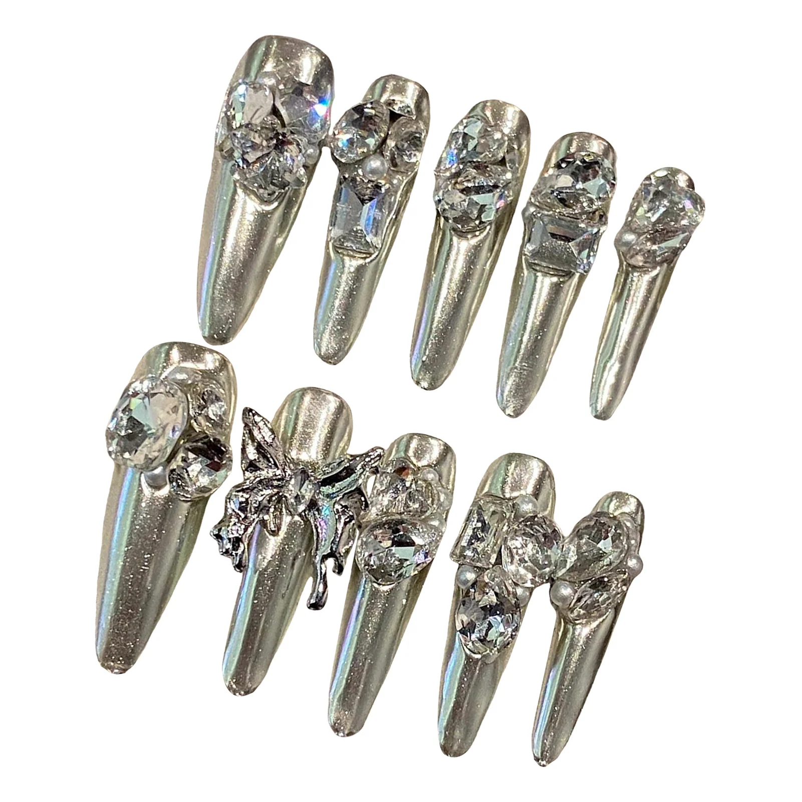 10pcs Handmade Magic Mirror Silver Fake Nails Punk Style Glossy Long Almond Press On Nails Full Flash Rhinestone Y2k False Nail