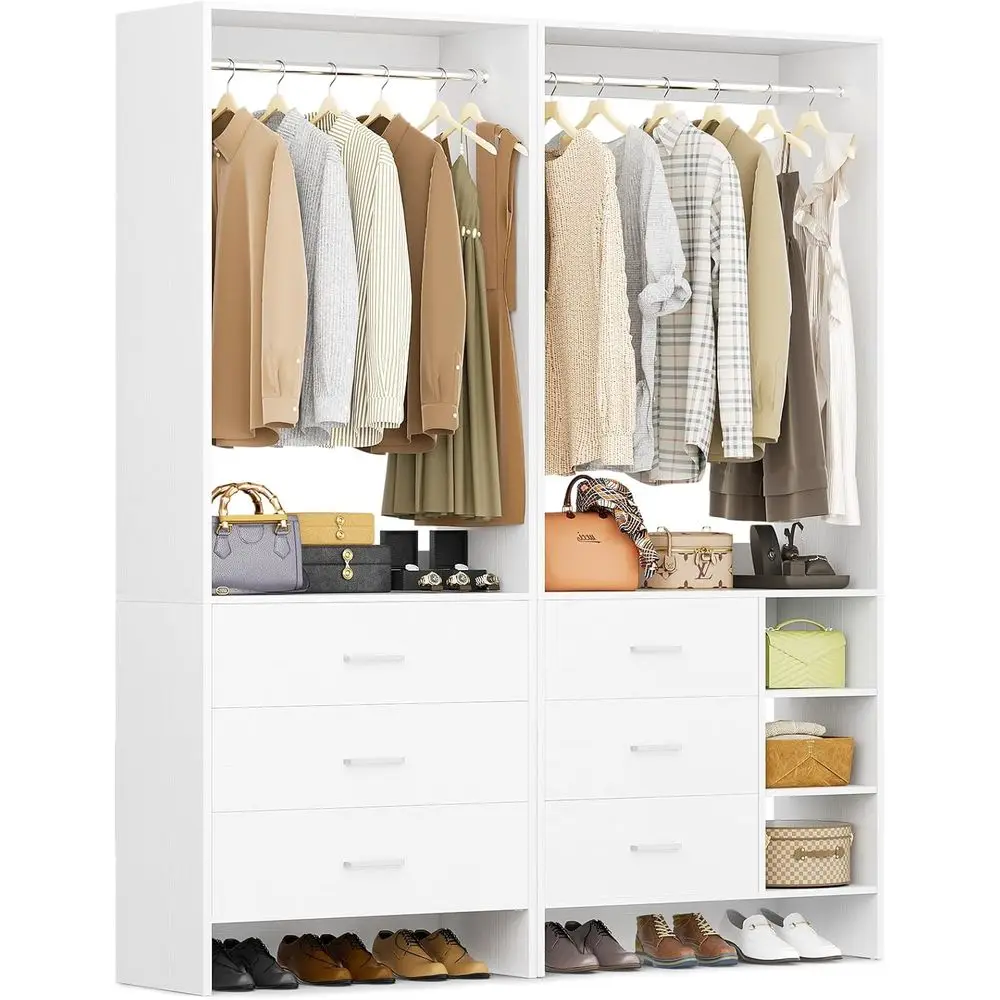 

6-Drawer 4.5ft Wooden Closet Organizer System, Ideal for Walk-in or Small Closets, Dual Clothes Rack with Hanging Rods, White
