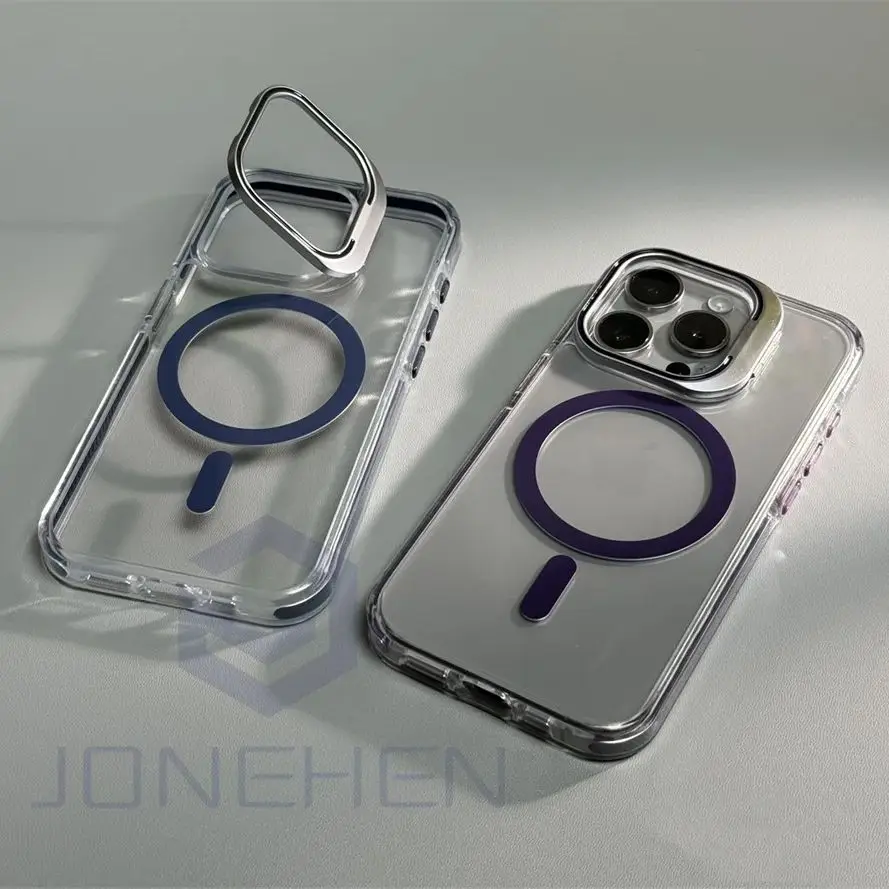 For Magasfe Case Metal Lens Holder Shockproof Bumper Magnetic Wireless Charge Transparent Cover For iPhone 15 14 13 12 Pro Max