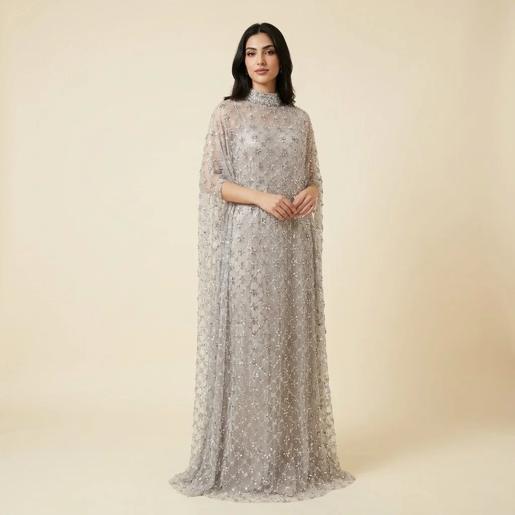 SERENE HILL Grey Nude Beaded Evening Dress GLA73428