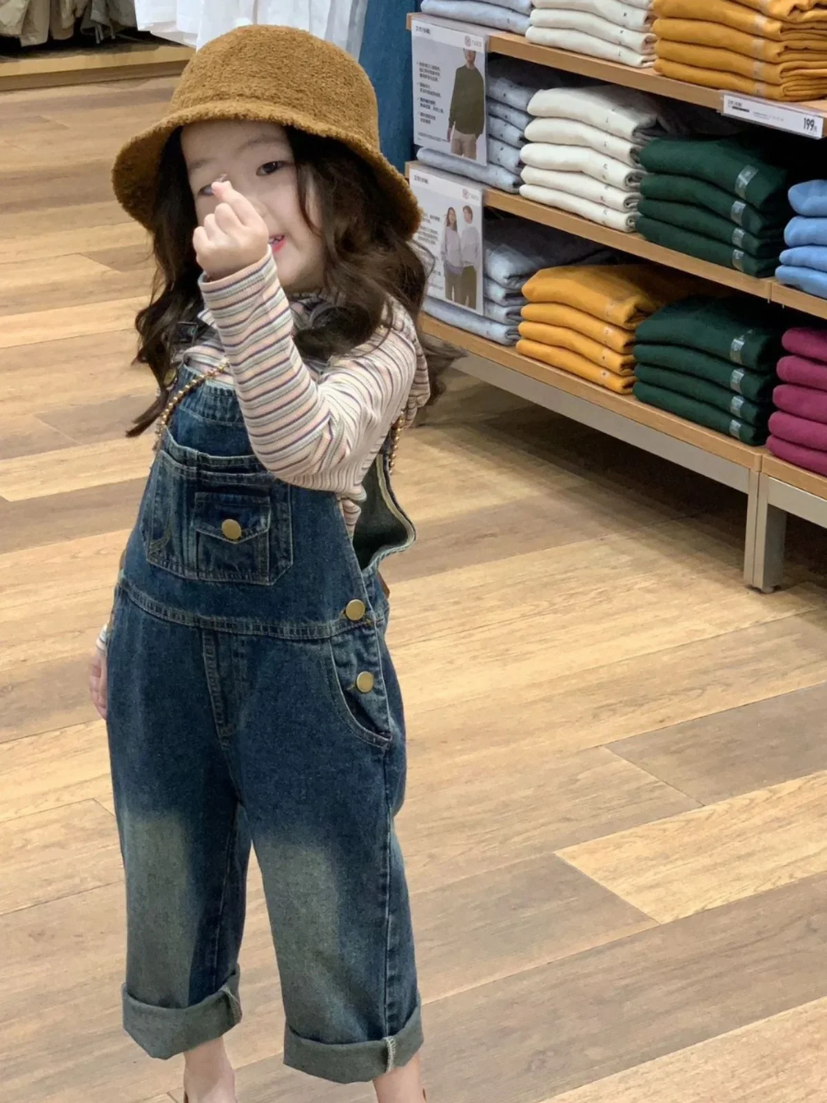 

Retro Denim Overalls Hooded Top Set Spring Faionable Korean Version Two-Piece Suit for Girls Children's Clothing Kids Outfits