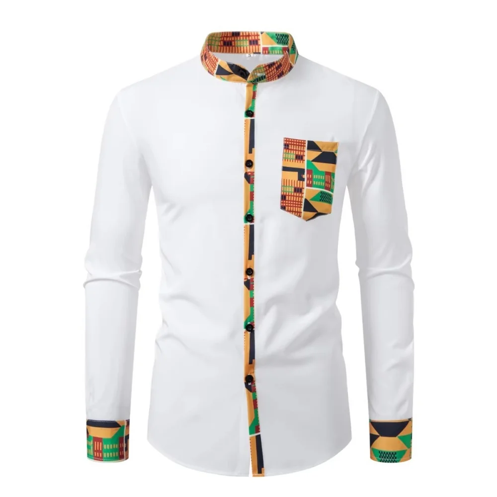 

Men's Fashionable Ankara Printed Streetwear Long Sleeve Lapel Pocket Shirt High-Quality Autumn Top