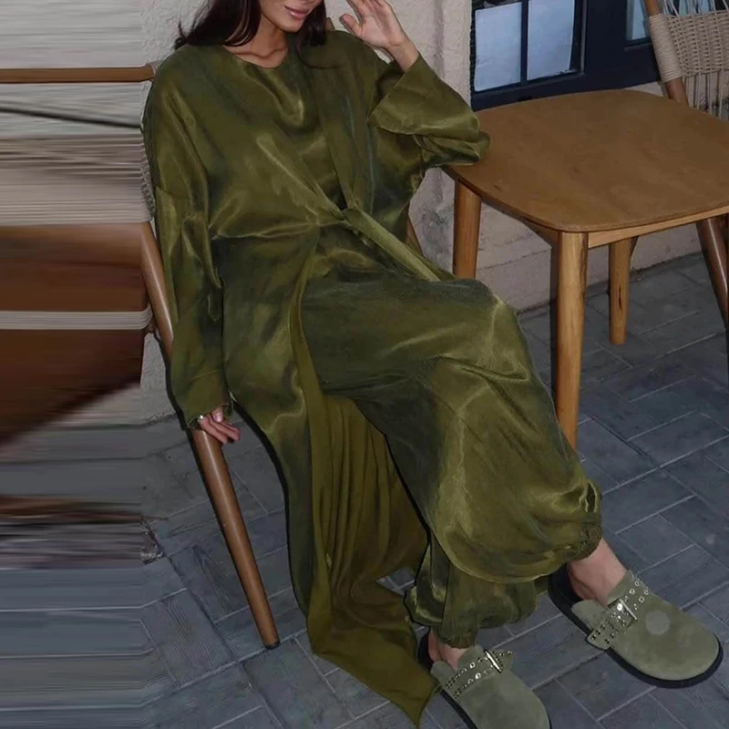 

Повседневный женский свободный костюм для поездок на работу, весенне-летняя одежда для отдыха, простой однотонный жилет с круглым вырезом + брюки + шаль, комплекты из трех предметов