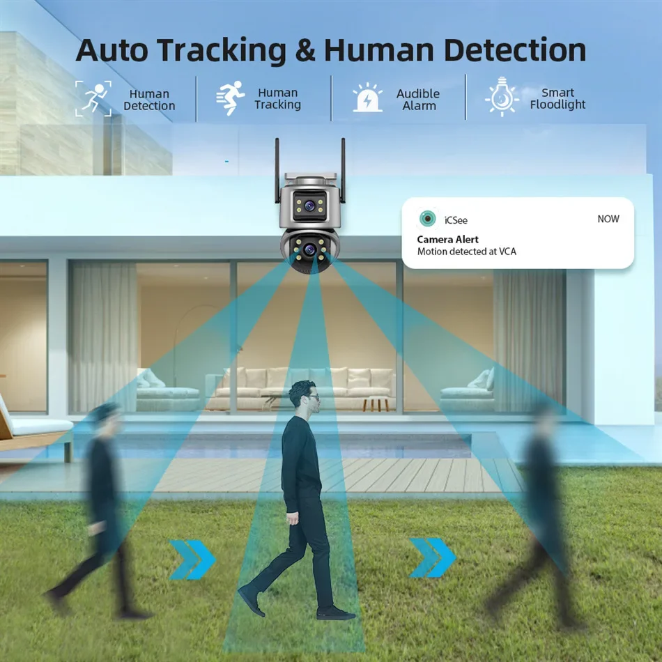 2025 새로운 4K 8MP HD Wifi IP 카메라 야외 듀얼 렌즈 듀얼 스크린 AI 자동 추적 PTZ 카메라 CCTV 오디오 비디오 감시 ICSEE