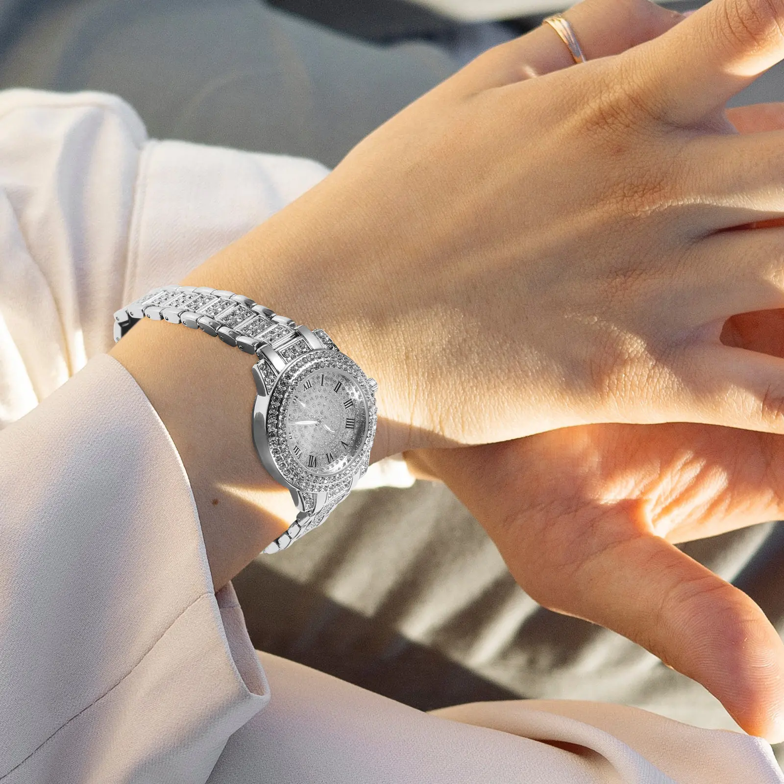 Stylish Men's Diamond Roman Numeral Quartz Watch Delicate Appearance Adjustable Stainless Steel Band Professional Precision