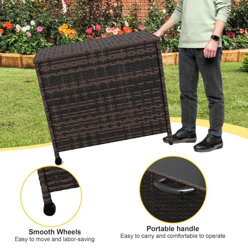 Outdoor Deck Box 80 Gallon Rattan Box Waterproof Storage Container With Handles, Soft Close Hinges and Universal Wheels