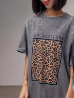 Women's New Fashion Cotton Gray Leopard Pattern Loose Mid-Length Short Sleeve Top