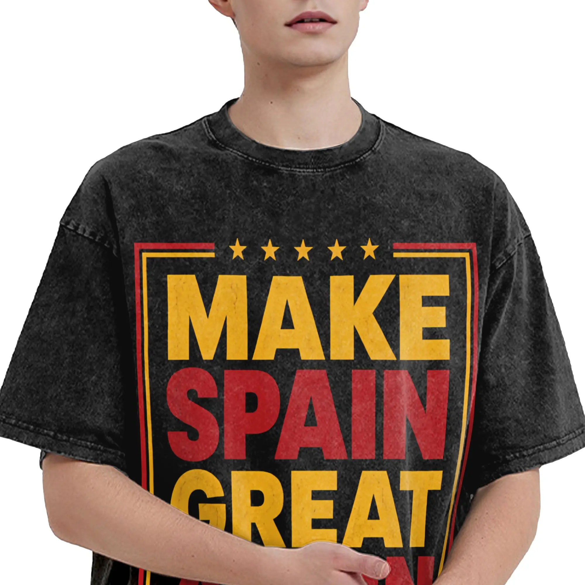 Vintage Make Spain Great Again Spanish Flag Slogan Washed T Shirt Unisex O-neck Short Sleeve Tops  100%Cotton Summer Top Tee