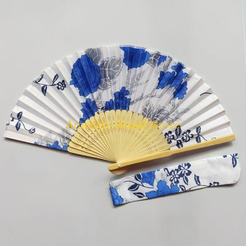 F26C Vintage Folding Hand Fan with Bag Bamboo Fabric Fans for Women Dance Gift Music Festival Performances Wedding Decoration