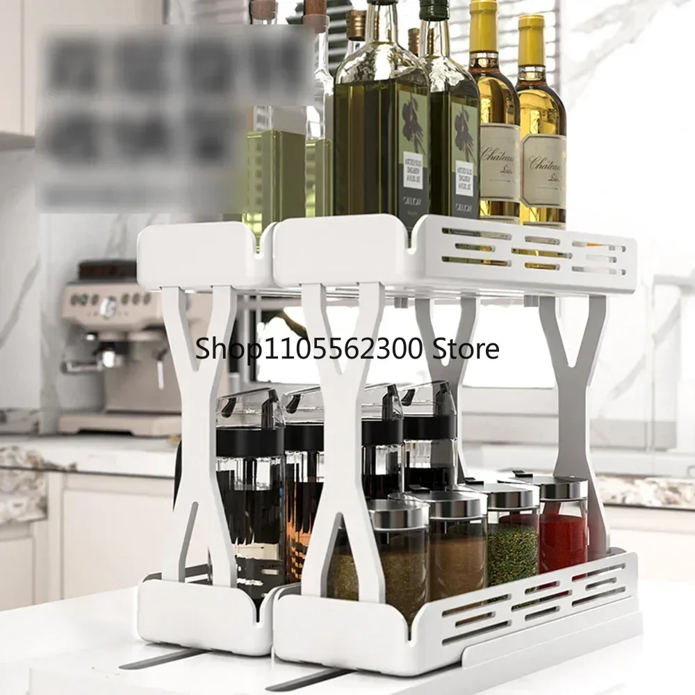 Double Layer Pull Out Under Rotating Rack Sink Storage Holder Spice Bottle Storage Rack Kitchen Slide Cabinet Table Accessory