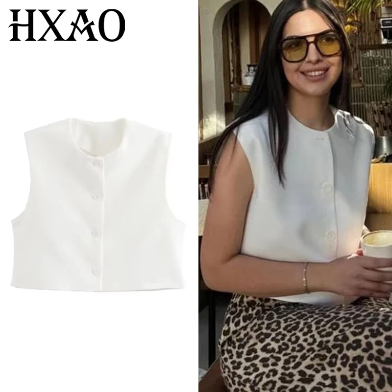 

HXAO укороченный женский костюм, жилеты, офисная одежда, красный, черный, белый цвет, женские жилеты без рукавов на пуговицах, базовый жилет