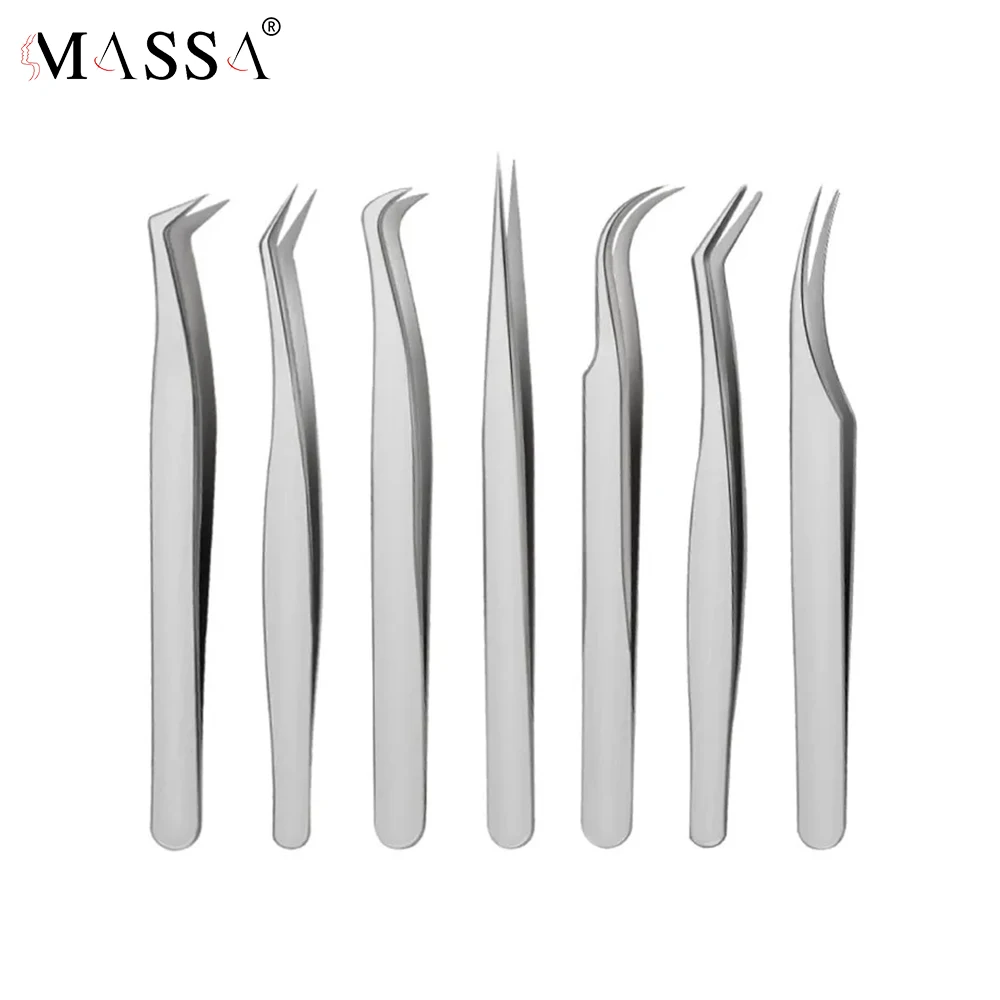 MASSA الفضة الرموش الملقط مكافحة ساكنة رمش تمديد الملقط مروحة لاش الحاجب الملقط منحني مستقيم إغلاق ممتاز
