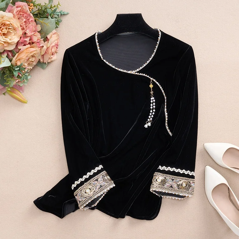 New Chinese Style Women's Velvet Base Shirt Embroidered Asymmetrical Collar Slim Fit Top Coat Spring Autumn Fashion