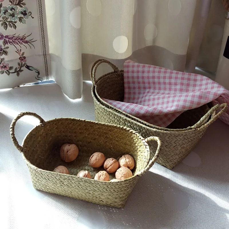 Cesta de almacenamiento tejida a mano, contenedor de paja para alimentos, organizador de maquillaje, soporte para fruta de pan de ratán (S,24x15x9cm)