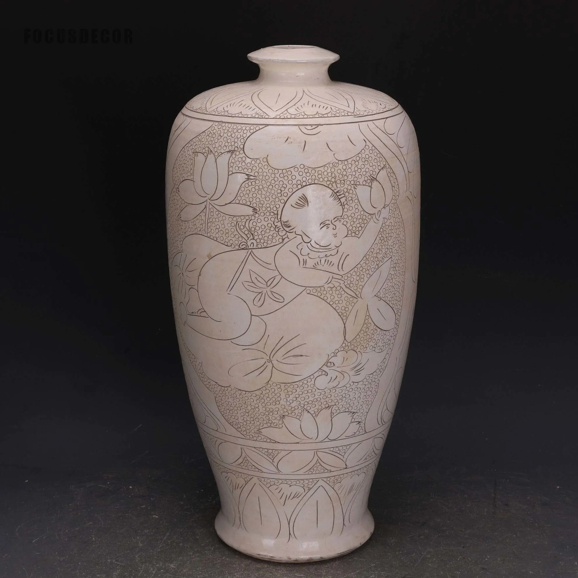 Jarrón de mesa con diseño de bebé tallado en blanco de la dinastía Song, jarrón de cerámica de porcelana antigua rústica, colección antigua Oriental hecha a mano